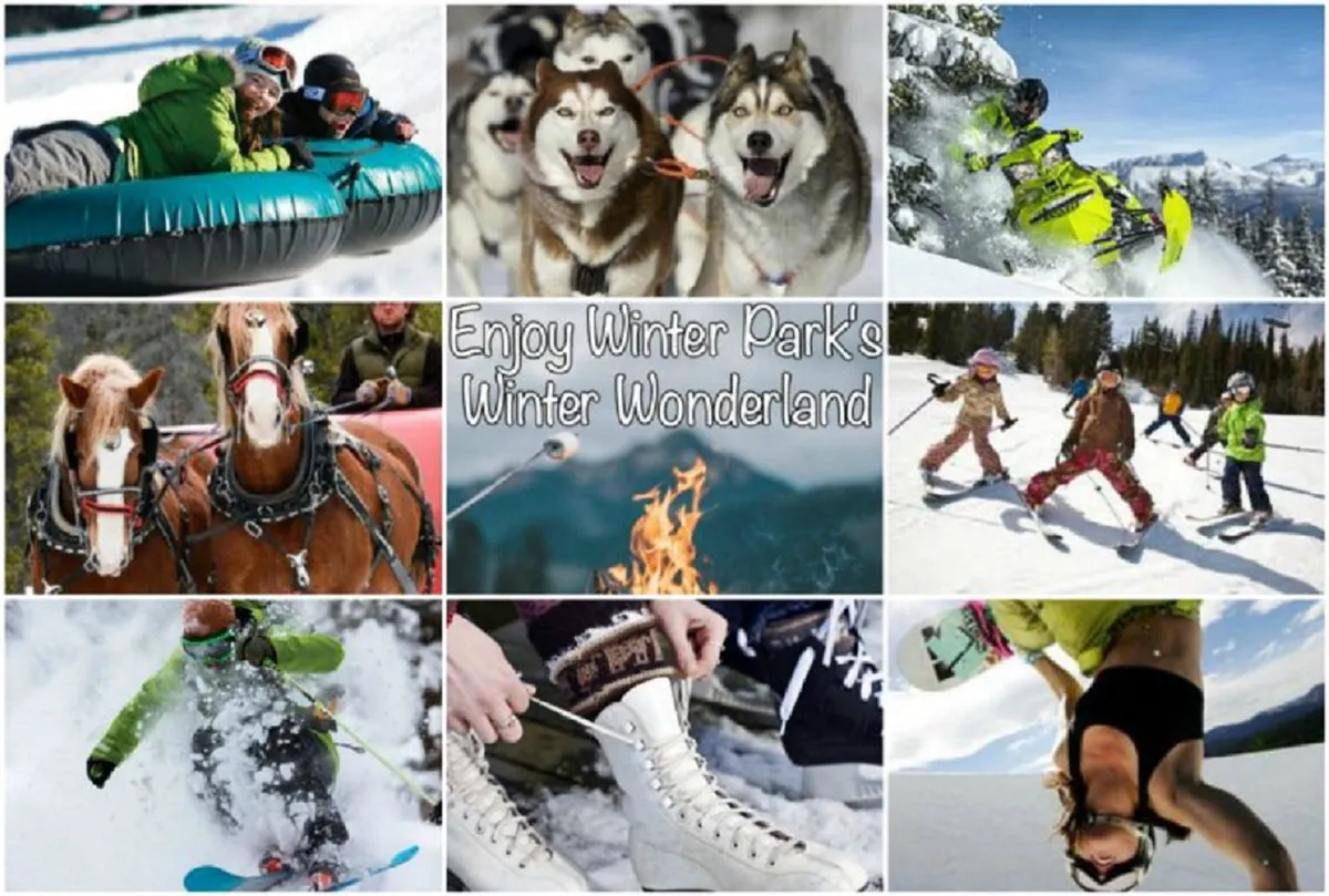 A vibrant collage-style image featuring families and children enjoying a variety of winter activities such as snow tubing, dog sledding, snowmobiling, sleigh rides, ice skating, skiing, and gathering around a fireside in a picturesque snow-covered landscape.
