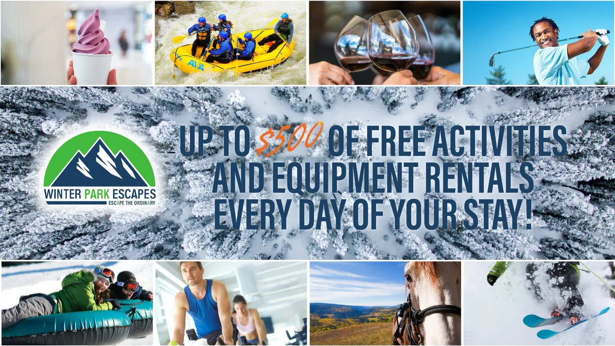 A vibrant interior collage that includes action shots of whitewater rafting, skiing, horseback riding, golfing, and enjoying local cuisine. The images capture the exhilaration of various outdoor activities available in the area, complemented by scenes of gourmet dining and relaxation.