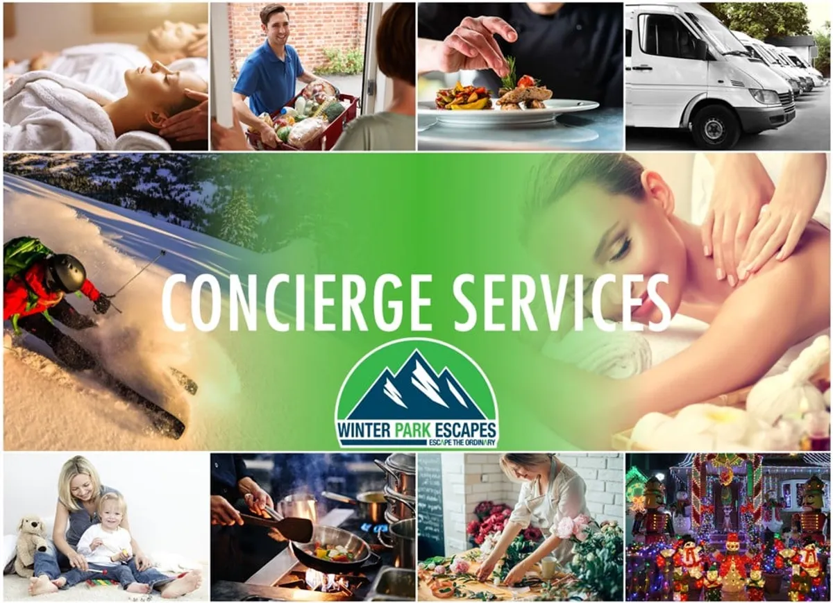 A vibrant collage featuring text about concierge services, with illustrated elements representing skiing, food delivery, spa treatments, family activities, cooking, and decorative events, all suggesting a range of activities available to guests.