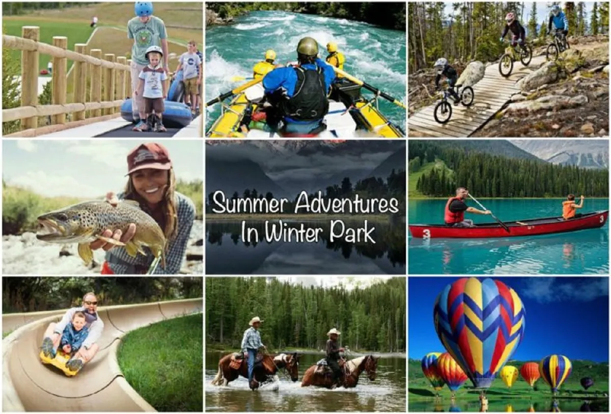 An energetic outdoor scene with families and kids enjoying warm-weather activities: rafting, biking, kayaking on a lake, fishing, horseback riding, and colorful hot air balloons floating overhead, all set against a backdrop of lush nature.