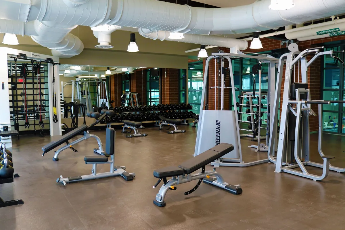 A bright and motivating fitness area outfitted with weightlifting equipment, benches, mirrored walls, and large windows letting in lots of natural light. The space offers views outside and suggests an active lifestyle.